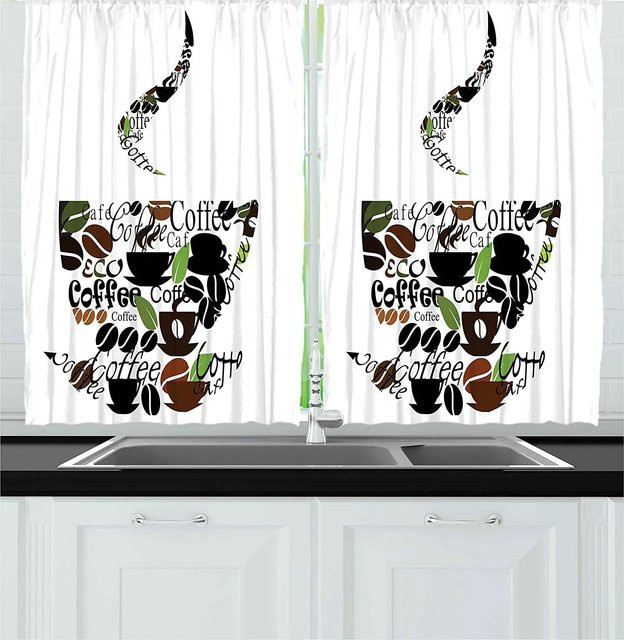 2-teiliges Set Kurzvorhang mit Teekannen- und Dessert-Print in Kaffeebraun und Weiß, halbtransparent, Breite: 100 cm, Höhe: 130 cm - Bild 1