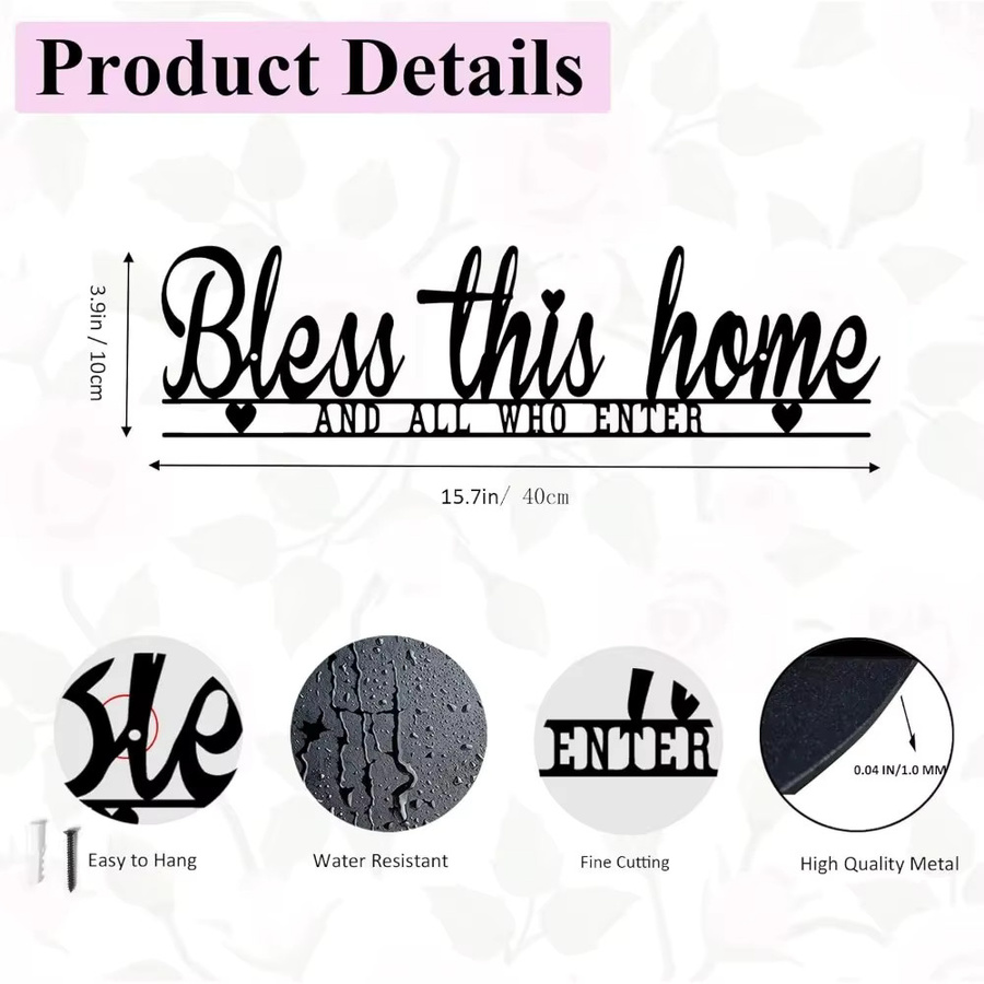 Metall-Wandschild Bless This Home von CIFBUY in Schwarz im Landhausstil mit Herz-Motiv und Typografie - Bild 3