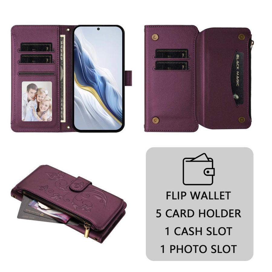 Honor Portemonnaie Klapphülle mit Reißverschluss und Kartensteckplatz sowie Ständerfunktion für Honor Magic 8 Pro, 7, 6 Pro, 5 Lite in Lila - Bild 1