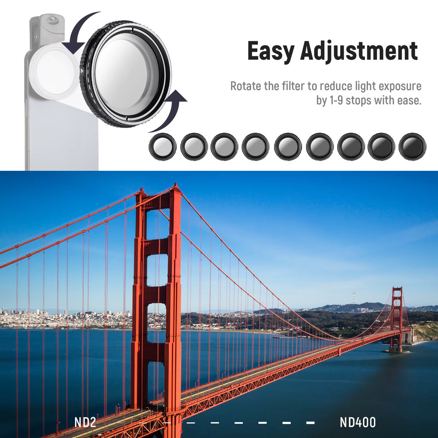 NEEWER ND2-ND400 Clip-On Telefonkamera-Objektivfilter-Set mit verstellbarem ND-Filter und Telefonclip in Schwarz - Bild 3