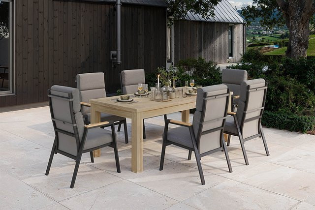 OUTFLEXX Zadar Garten-Essgruppe aus Teakholz und Aluminium in Anthrazit mit Tisch und 6 Sesseln, Tisch B: 200 cm, T: 100 cm - Bild 1