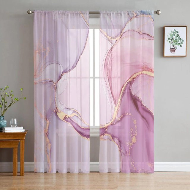 Transparenter Tüll-Fenstervorhang von A Family Of Home Textiles mit weißer Marmorstruktur und rosa Dreieck-Design, Farbe: Weiß, Rosa, Transparent, B: 135 cm, H: 114 cm - Bild 1