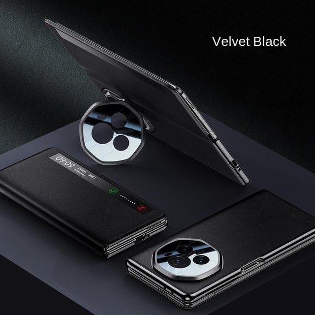 Lederhülle für Honor Magic V3 in Schwarz mit Metalllinse und faltbarem Rundum-Ständer - Bild 1