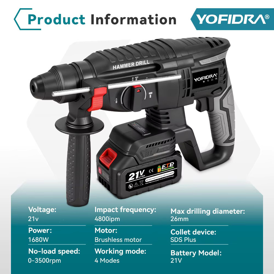 YOFIDRA Bürstenloser Akku-Bohrhammer 26mm Multifunktions-Schlagbohrmaschine in Schwarz, kompatibel mit Makita 18V LXT Akkus - Bild 6