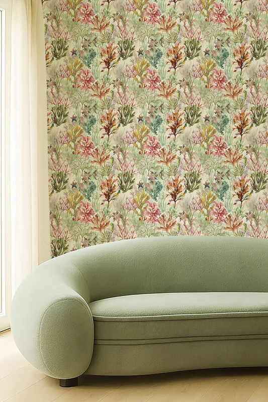 Clarke & Clarke Wallpaper Oceana Coral mit floralem und maritimem Design in Pink, Green und Multicolour als Vlies Tapete - Bild 3