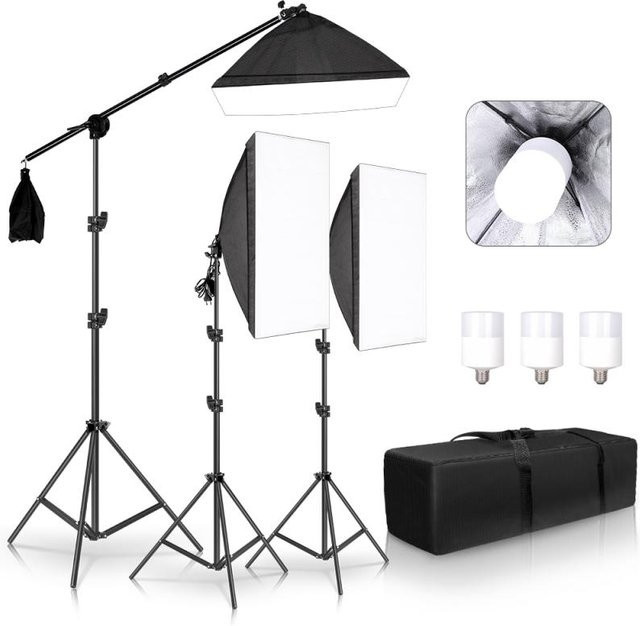 Professionelles Softbox-Beleuchtungsset in Schwarz mit Stativarm und LED-Lampen E27-Fassung, B/H: 50 x 70 cm - Bild 1