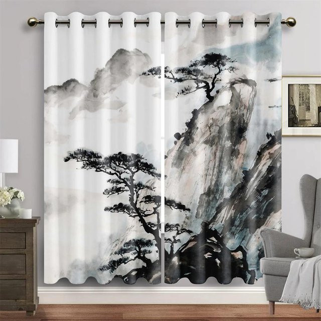 2er-Set Fenstervorhang mit traditionellem chinesischem Tintenlandschaftsmotiv, halbtransparent, Mehrfarbig, Breite: 65 cm, Höhe: 60 cm - Bild 1