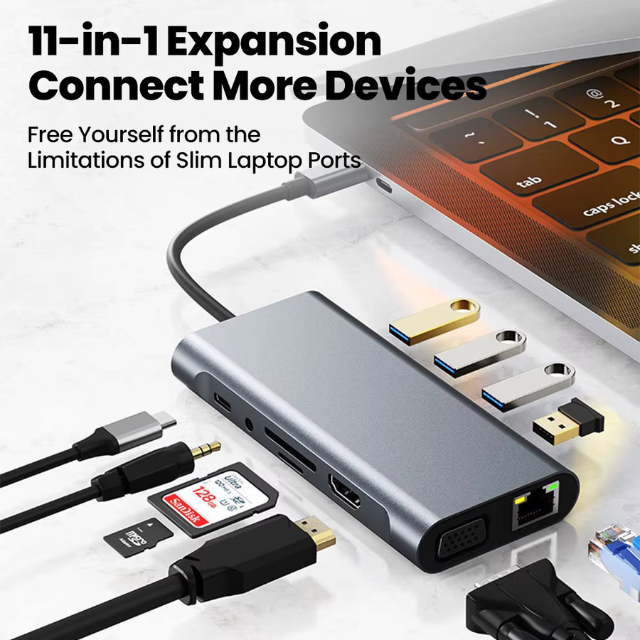 11 in 1 USB C Multiport Hub Adapter mit 4K HDMI, RJ45 Ethernet und SD/TF Kartenleser als Docking Station für deinen Laptop und PC - Bild 2