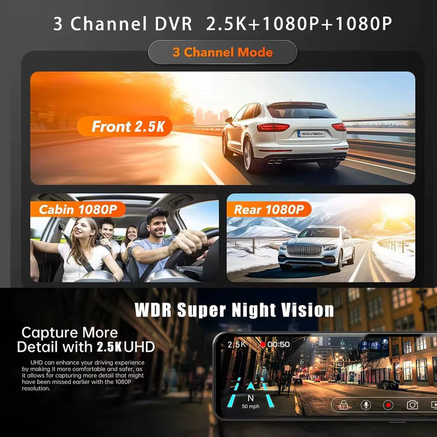 USEEBEE 3-Kanal Dashcam mit GPS und WIFI, 11,26 Zoll Auto Dashcam Spiegel mit 2,5K und Dual 1080P Auflösung, Rückfahrkamera Stick Recorder in Schwarz - Bild 2