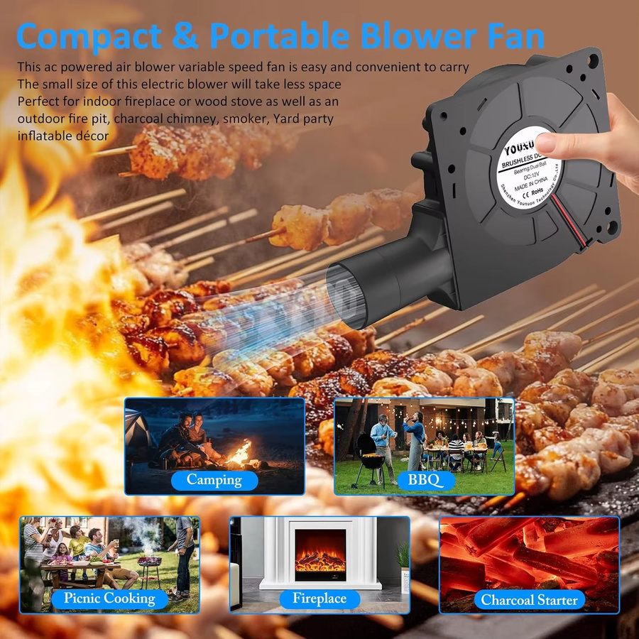 YOUNUON BBQ-Gebläse Zentrifugal-Lüfter mit Geschwindigkeitsregler und Temperaturkontrolle, Schwarz, B: 120 mm, T: 32 mm - Bild 3