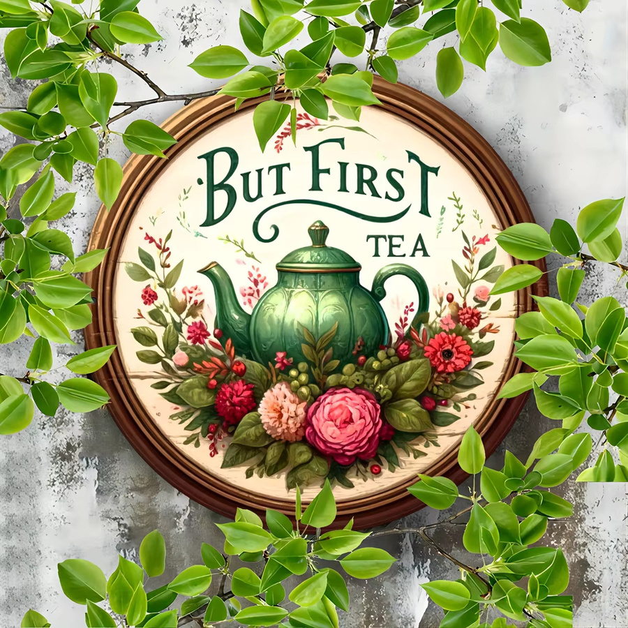 Rundes Metallschild Potdemiel Vintage But First Tea mit floralem Design, Durchmesser: 20,3 cm, Mehrfarbig - Bild 3