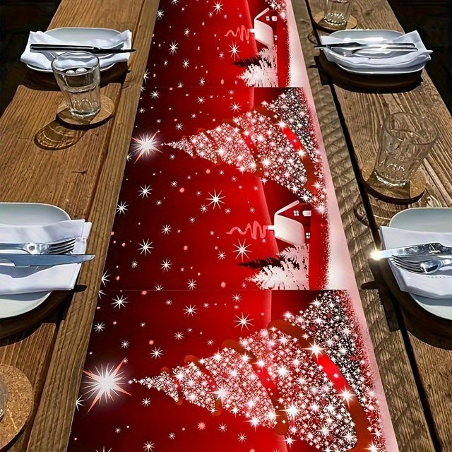 VIKAMA Weihnachts Tischläufer Rot mit Schneeszene und Schneeflocken, B/T: 183 x 33 cm - Bild 1