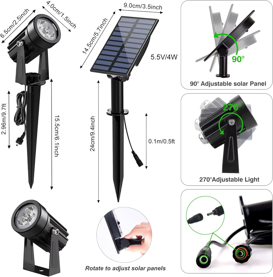 T-SUNRISE Solar LED Wandleuchte für Garten und Außenbereich, Grüner Scheinwerfer, IP65 Wasserdicht, Schwarz - Bild 6