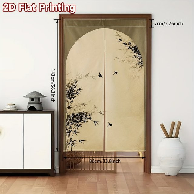 VIKAMA Chinesischer 2D-Flachdruck-Türvorhang in Beige als Zen-inspirierter Raumteiler für Wohnzimmer und Schlafzimmer, B: 90 cm, H: 150 cm - Bild 1