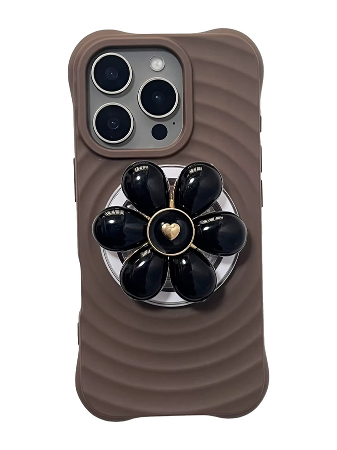 Handyhülle mit Grip Tok und Metall-Handyhalter im Cartoon-Design mit Sechsblatt-Blume für iPhone 17 und iPhone 16 Pro Max, Farbe: Beige - Bild 2