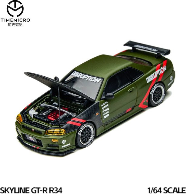 TimeMicro Skyline GT-R R34 Disruption, Diecast-Modellauto, 1:64, Mattgrün - Bild 1