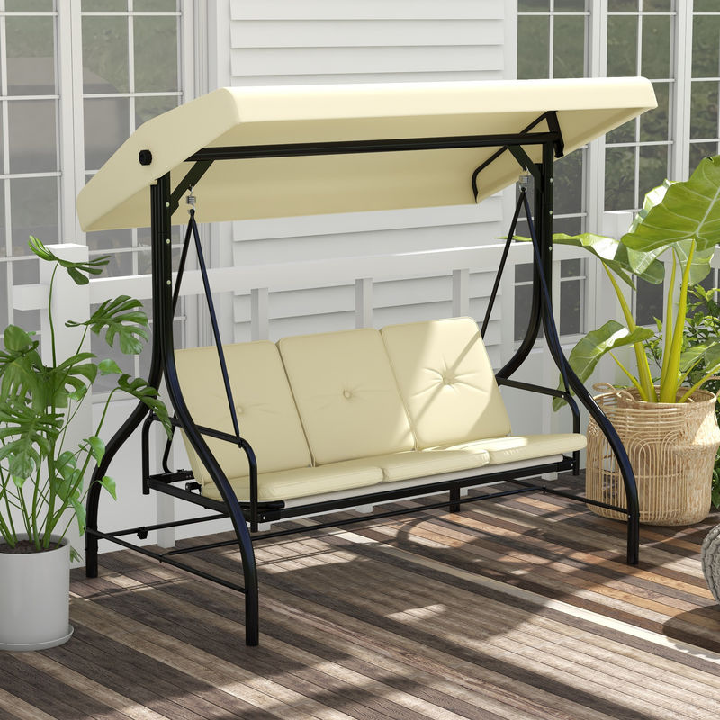 Outsunny 2 in 1 Hollywoodschaukel mit Liegefunktion und Sonnendach, 3-Sitzer Gartenschaukel aus Stahl in Beige, B/T/H: 195 x 117 x 175 cm - Bild 2