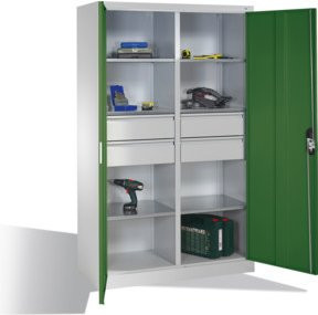 C+P Werkzeugschrank mit Drehtüren, 6 Böden und 4 Schubladen, Front Resedagrün, Korpus Lichtgrau, H x B x T: 195 x 120 x 50 cm - Bild 1