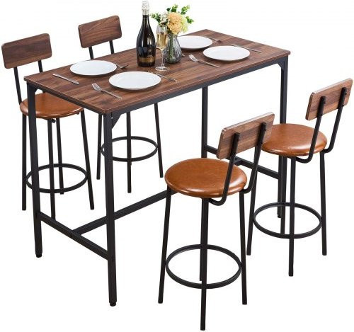 VEVOR Bar Set mit Tisch und 4 Hockern, rechteckiger Pub-Tisch mit abgerundeten Kanten, Farbe: Walnuss/Schwarz - Bild 1