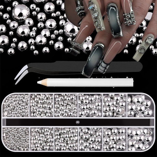 HotPress Nagel Charms, Silber, 2-8mm, 12 Grids, mit 2 Werkzeugen - Bild 1