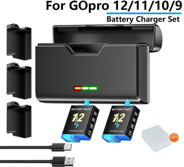 GoPro Akku-Set mit 3-fach LED-Ladegerät für Hero 12 11 10 9 Action-Kameras, Schwarz, 2000mAh - Bild 1
