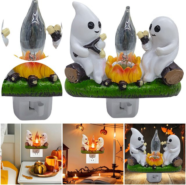Gruseliges Halloween Nachtlicht Geist am Lagerfeuer mit flackernder Marshmallow-Funktion - Bild 1