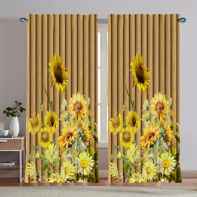 Yiran Furniture Sonnenblumen Café-Vorhänge im Landhausstil, 2er-Set, Gelb, B: 50 cm, H: 100 cm - Bild 1