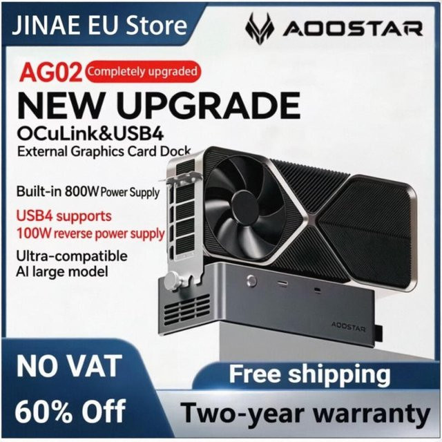 AOOSTAR AG02 eGPU Dockingstation mit OCuLink und USB4 Dual Interface, PCIe 4.0 x4 64Gbps, 500W Netzteil, Schwarz - Bild 1