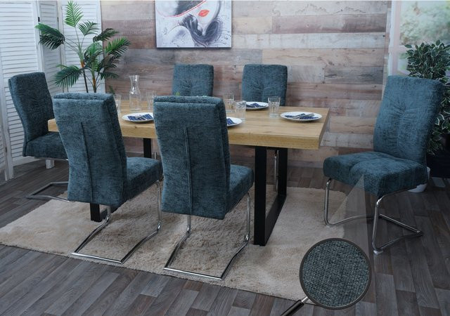 6er-Set Esszimmerstühle MCW G56 Freischwinger aus Chenille in Blau-Grün - Bild 1