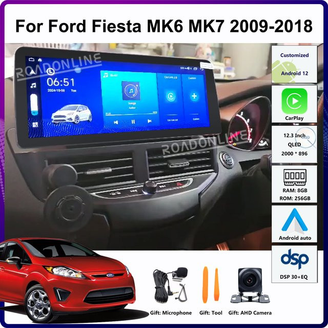Roadonline Android 14 Auto-Multimedia-Player mit 12,3 Zoll Display für Ford Fiesta MK6 MK7 2009-2018, GPS, WiFi und CarPlay, Schwarz - Bild 1