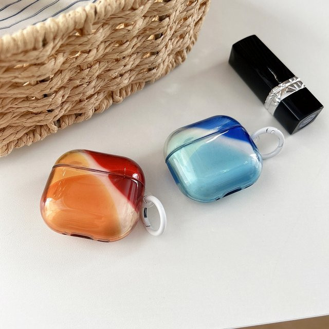 Glänzende Stoßfeste Schutzhülle für Apple AirPods 1 2 3 4 Pro 2 Pro 3 in Orange-Blau Farbblock Farbverlauf mit Haken - Bild 1