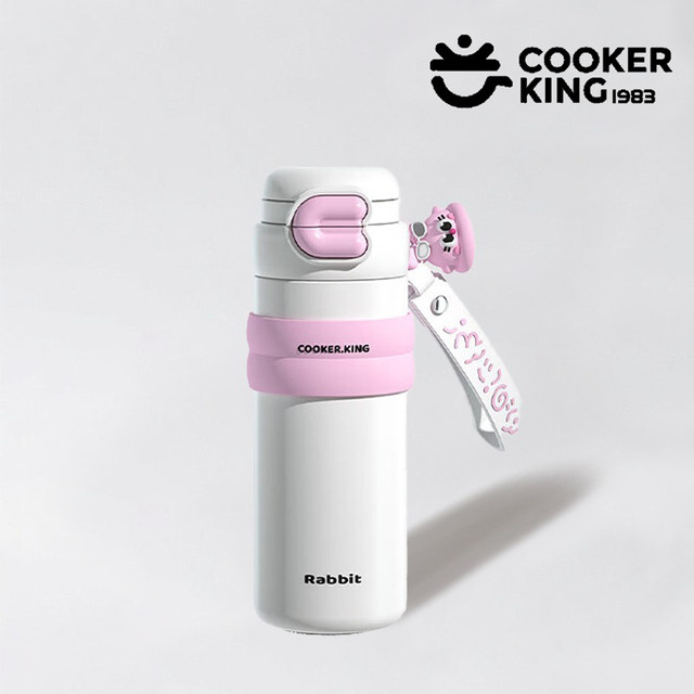 COOKER KING Isolierbecher Kaninchen-Design in Pink mit Strohhalm, 500 ml Thermosflasche für Kinder und Studenten aus Edelstahl - Bild 1