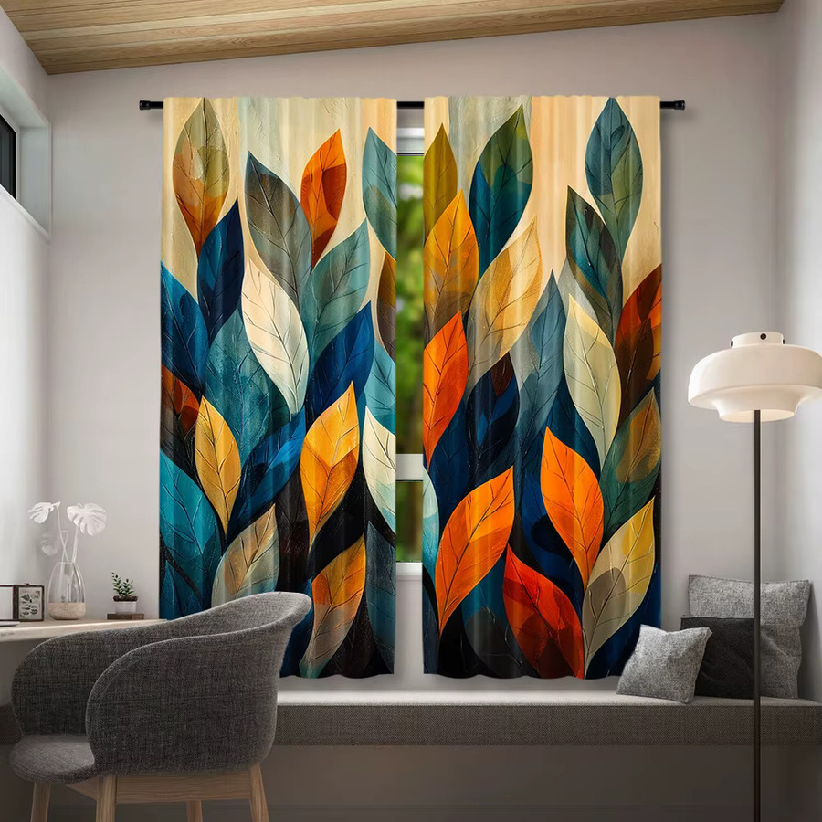 2 Stück abstrakte Vorhänge mit Blattmuster in Multicolour, halbtransparentes Polyester mit Stangentasche, Breite: 53 cm, Höhe: 116 cm - Bild 2