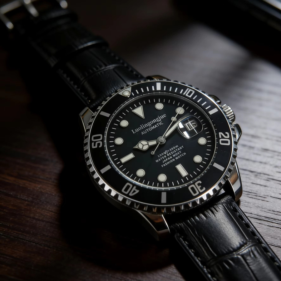LUOLINGONGJUE Armbanduhr Automatik, Edelstahl, Leder, Schwarz, Herren - Bild 5