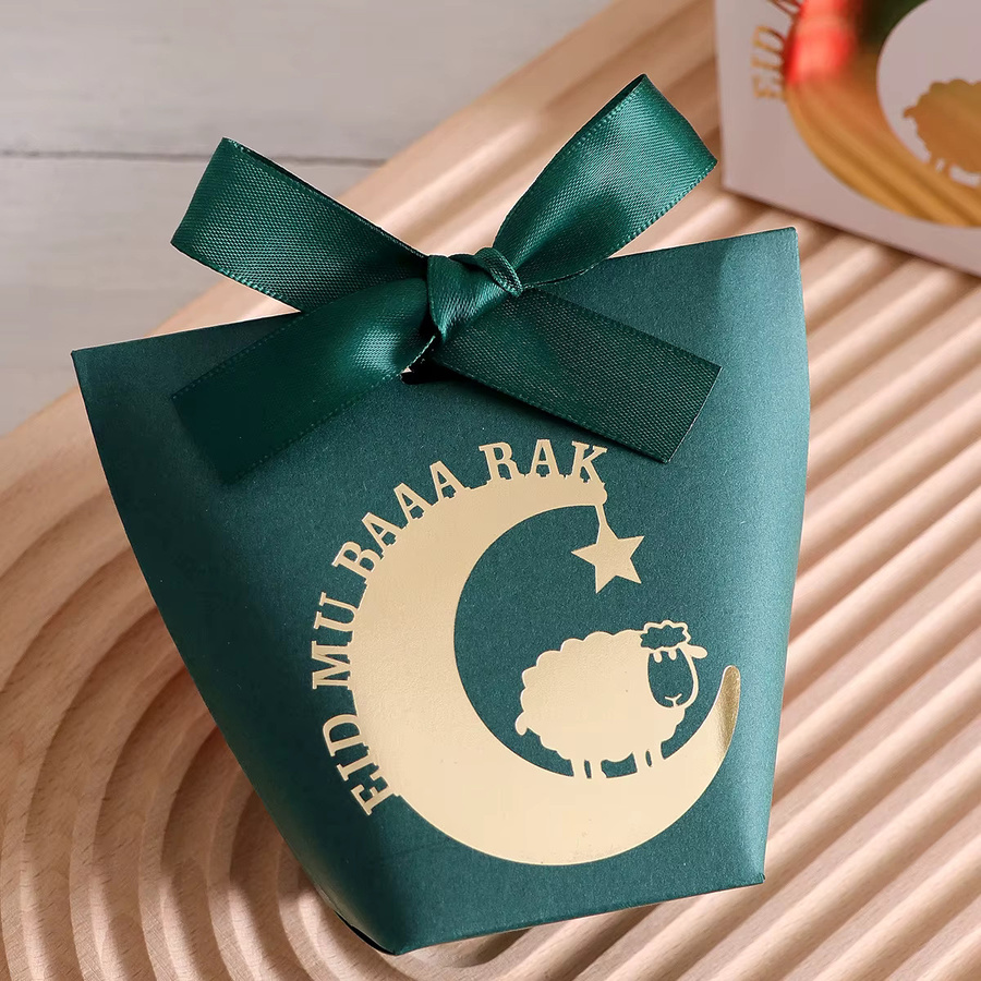 10 Stück Eid Al-Adha Geschenkboxen aus Papier in Schwarz, Weiß und Grün mit goldenen Halbmond-Laternen und Lamm-Motiven zur Aufbewahrung von Süßigkeiten und Pralinen - Bild 3