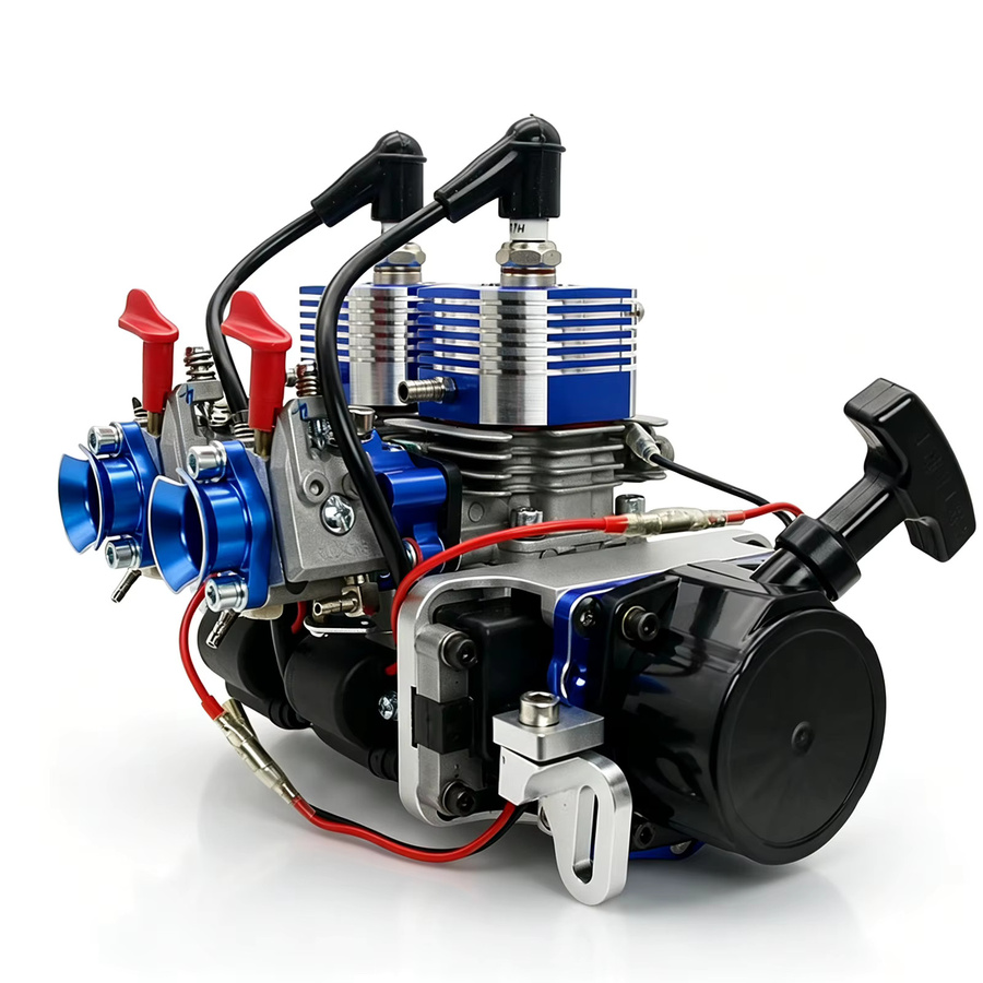 TOP SPEED RC WORLD Benzinmotor mit Doppelvergaser und Seilzugstarter, Blau, Metall - Bild 2