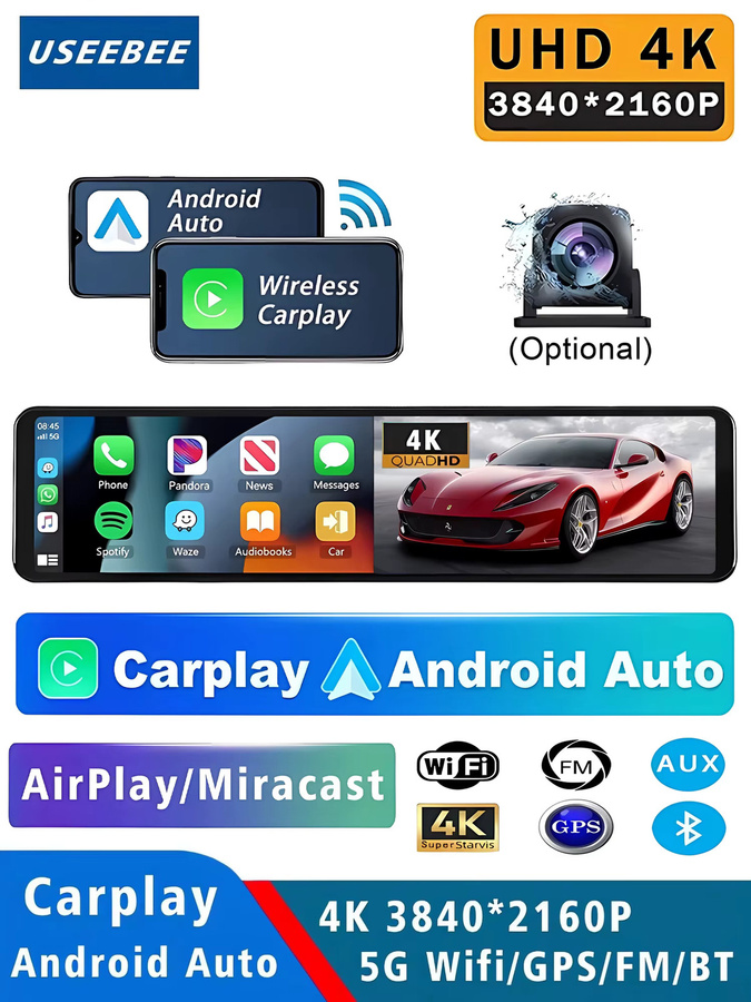 USEEBEE 4K Dashcam mit 11,26 Zoll Display, Dual-Objektiv, Carplay und Android Auto, WLAN, GPS, Bluetooth, FM-Transmitter, Videorekorder und Streaming-Spiegel in Schwarz - Bild 7