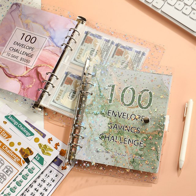 Bargeldspar-Herausforderungsbuch mit 100 Umschlägen, A5 Budget-Ordnertaschen für dein Geldmanagement, grüner Geldumschlag-Organizer aus Kunststoff - Bild 1
