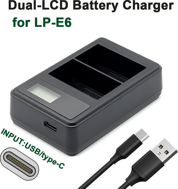 Canon LP-E6 Akkuladegerät mit zwei Steckplätzen in Schwarz für Kameraakkus R7, E6, R5, R, 90D, 80D und 70D - Bild 1
