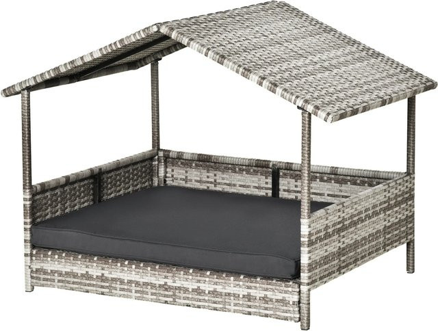 PawHut Hundehütte aus PE Rattan und Stahl in Grau mit Kissen, wetterfest und mit erhöhtem Boden, B: 69 cm, T: 98 cm, H: 70 cm - Bild 1