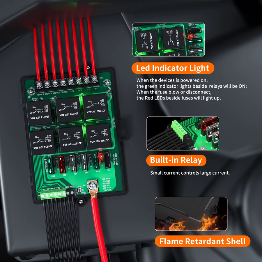 Daiertek Universal-Sicherungspanel 12V in Schwarz mit 6 Relais und 14 ATC/ATO Flachsicherungen für Kraftfahrzeuge - Bild 3