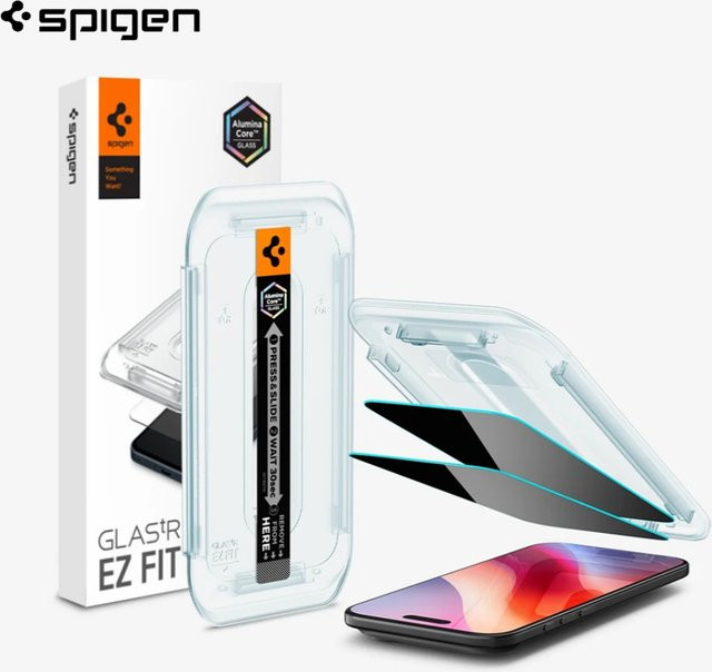 Spigen Glas.tR EZ Fit Sichtschutzfolie für iPhone 17 Pro Max, iPhone 16, iPhone 15 und iPhone 14 Plus, 2 Stück, transparent - Bild 1