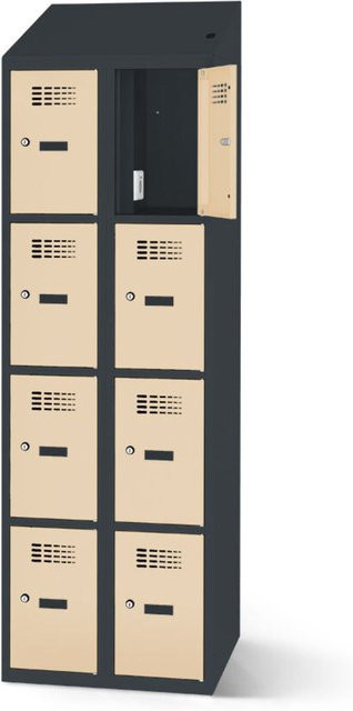 rotstahl Fächerschrank mit Ladefunktion und 8 Fächern in Elfenbein mit anthrazitgrauem Korpus, B: 60 cm, H: 200 cm - Bild 1