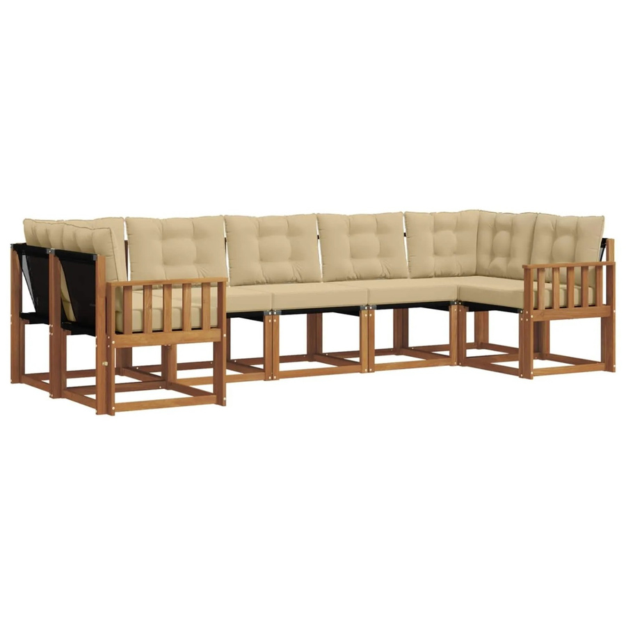 vidaXL Outdoor-Sofagarnitur 7-teilig aus Akazienholz und Textilene in Natur-Beige mit Kissen und Armlehnen - Bild 2