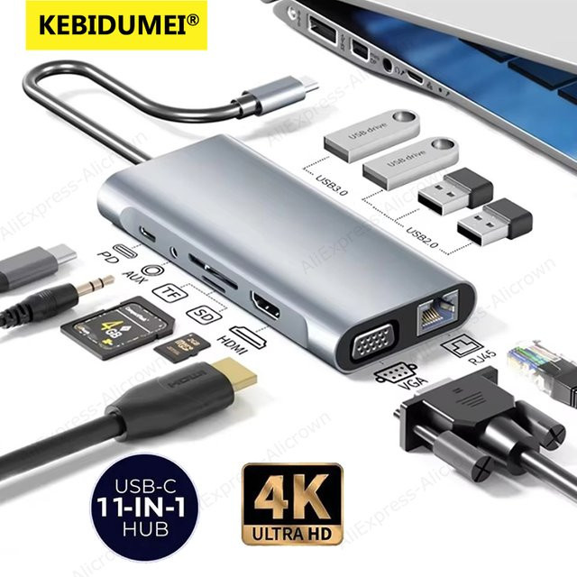 KEBIDUMEI 11-Port USB-C Dockingstation mit HDMI 4K, RJ45 Ethernet, VGA, SD/TF-Kartenslot und 3,5mm AUX für Laptop und PC - Bild 1