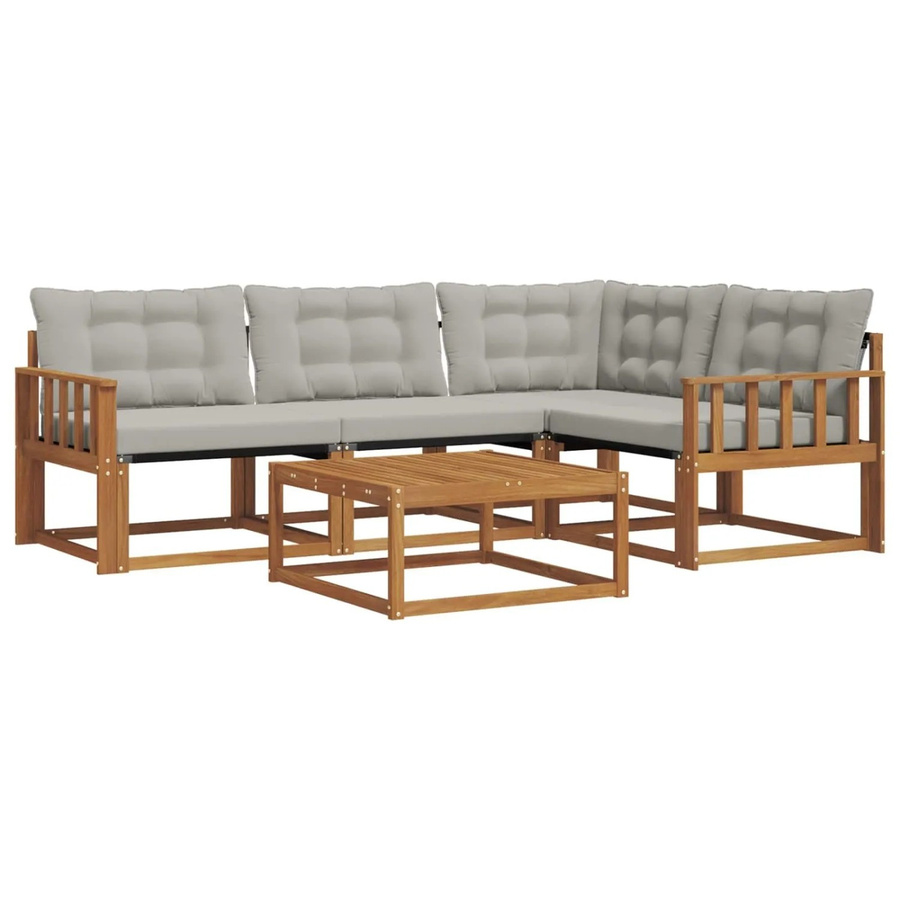vidaXL Outdoor-Sofagarnitur 5-teilig aus Akazienholz und Textilene in L-Form mit Kissen, Farbe: Natur und Hellgrau - Bild 2