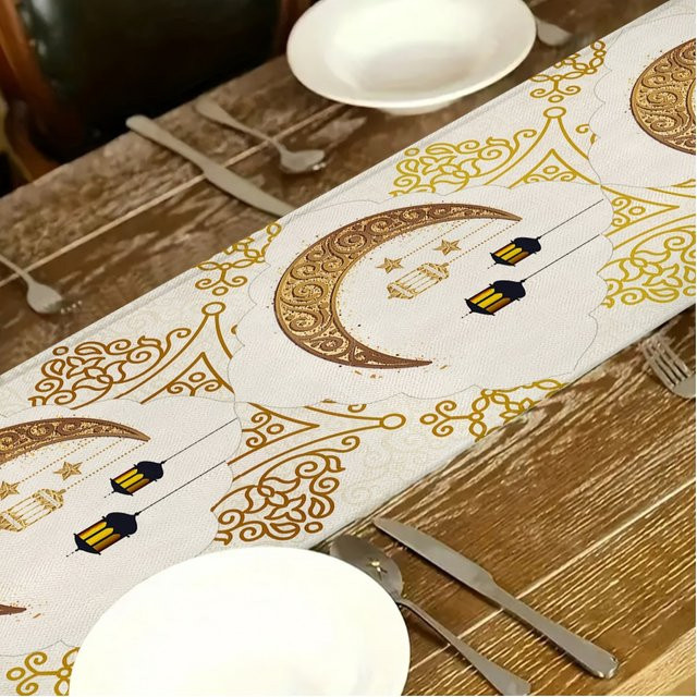 VIKAMA Ramadan Tischläufer mit Stern- und Mond-Heißprägung aus Leinen in Orientalischem Design, Breite: 33 cm, Länge: 90 cm - Bild 1