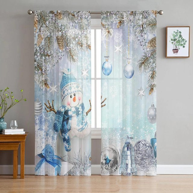 Transparente Weihnachtsvorhänge mit Schneemann und Schneeflocken Motiv in Grau, Tüll Voile Vorhang für Wohnzimmer und Küche, Breite: 135 cm, Höhe: 115 cm - Bild 1