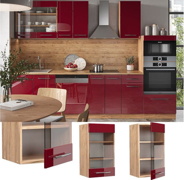 Vicco Hängeglasschrank Fame-Line Küchenschrank in Eiche Rot und Bordeaux Hochglanz mit Softclose-Scharnieren, Breite: 40 cm - Bild 1