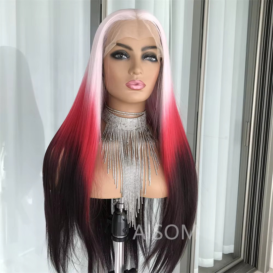 AISOM Lace-Front-Perücke, rosa rot, lang, gerade, synthetisch, Damen - Bild 2